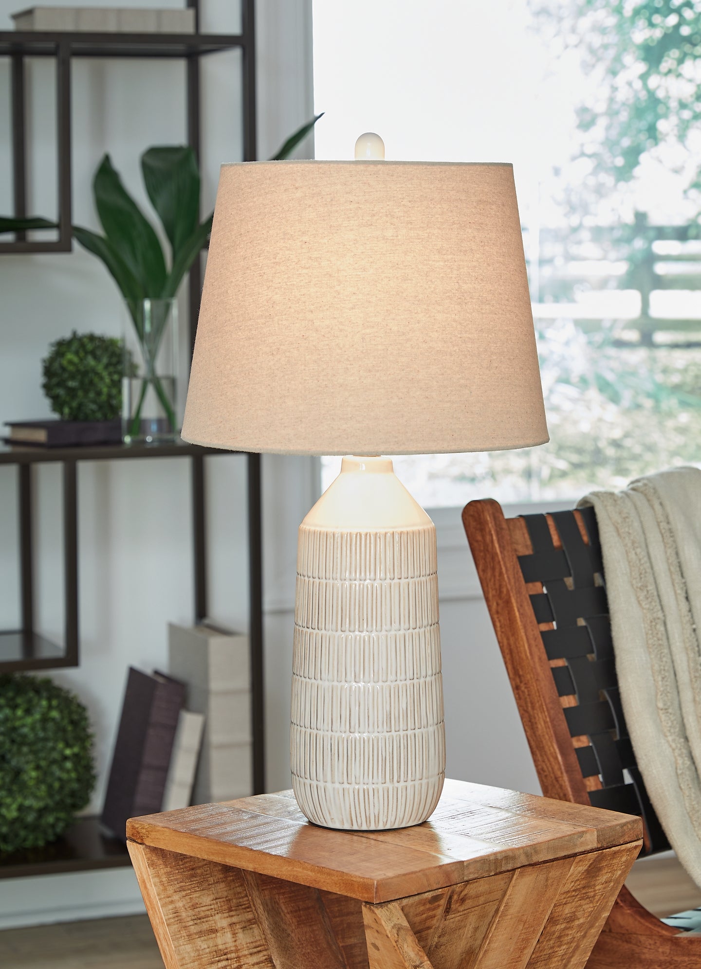 Ceramic shops table lamp with wood base