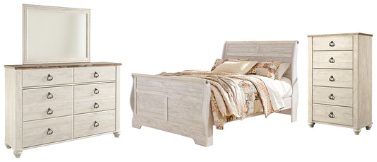 Willowton Queen Sleigh Bed with Mirrored Dresser and Chest