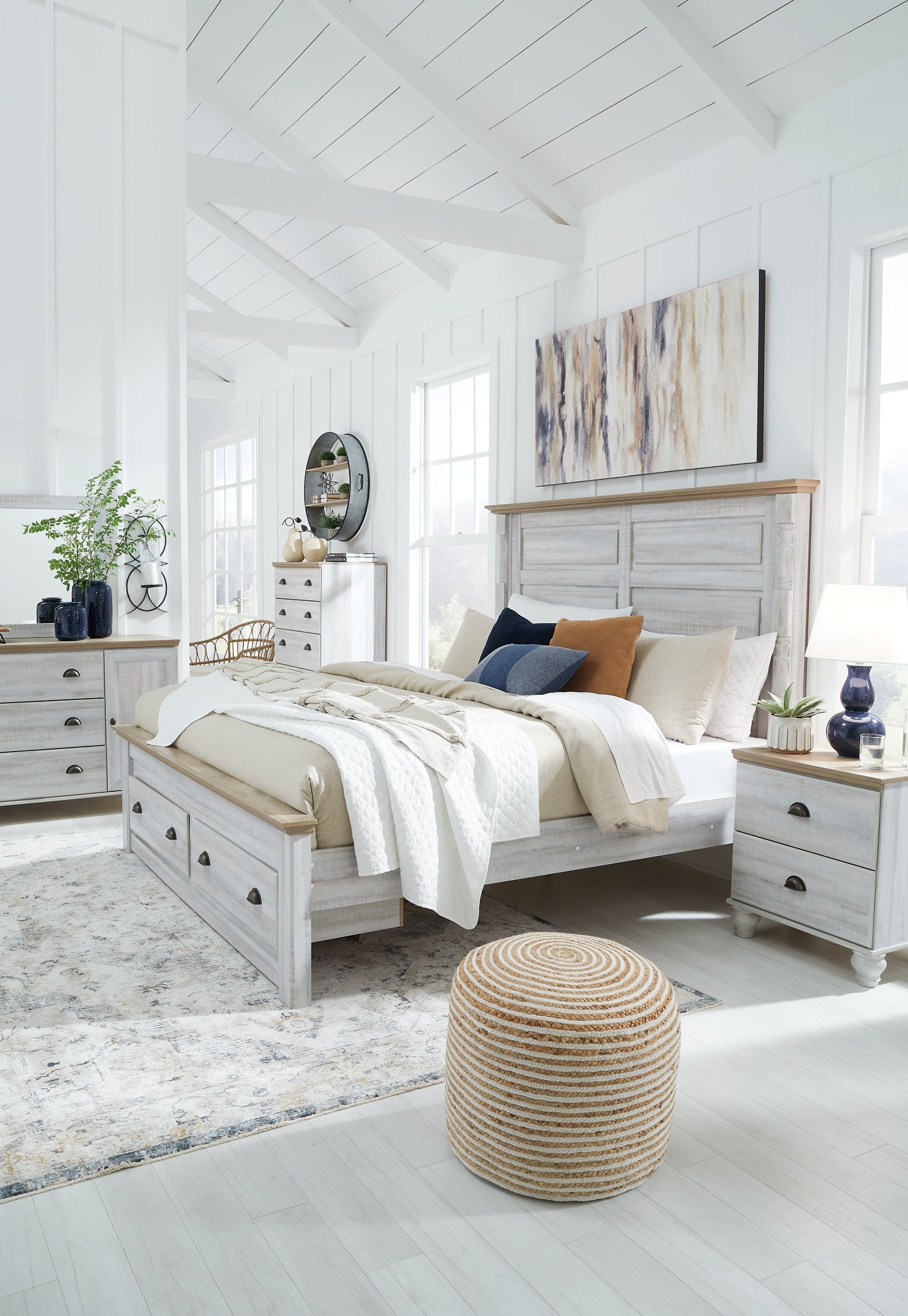 Haven Bay King Panel Storage Bed with Mirrored Dresser, Chest and Nightstand