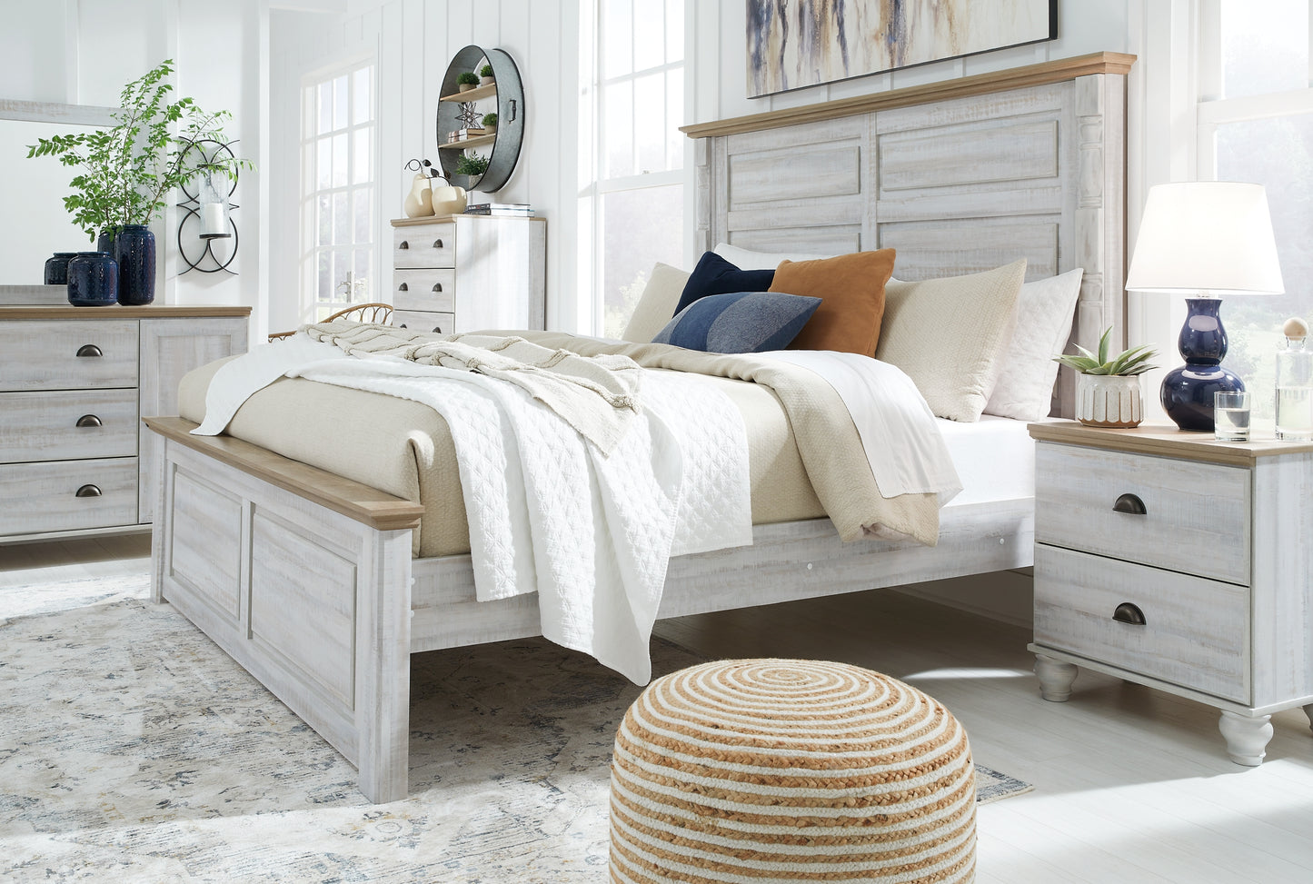 Haven Bay King Panel Bed with Mirrored Dresser, Chest and Nightstand