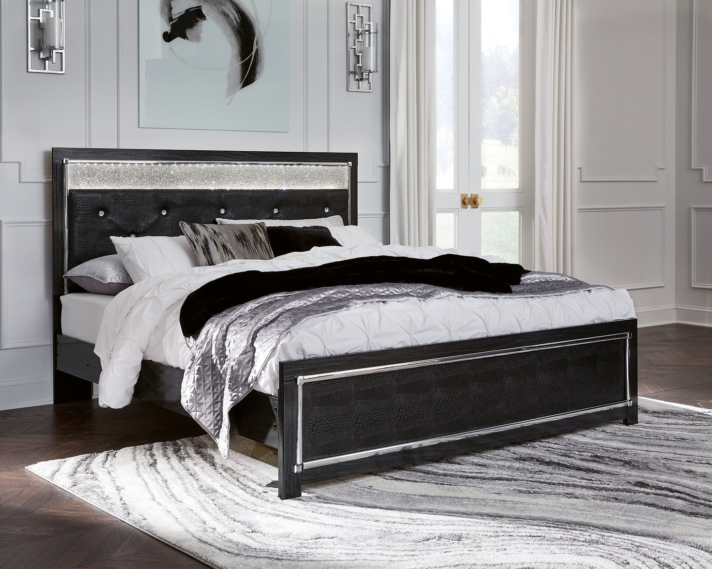 Kaydell King Upholstered Panel Bed with Mirrored Dresser and Chest