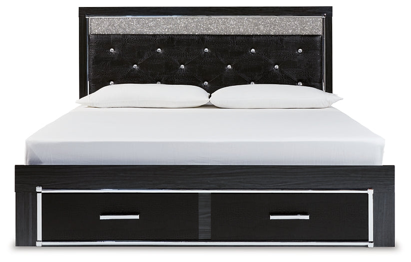 Kaydell King Upholstered Panel Storage Platform Bed with Mirrored Dresser and Chest