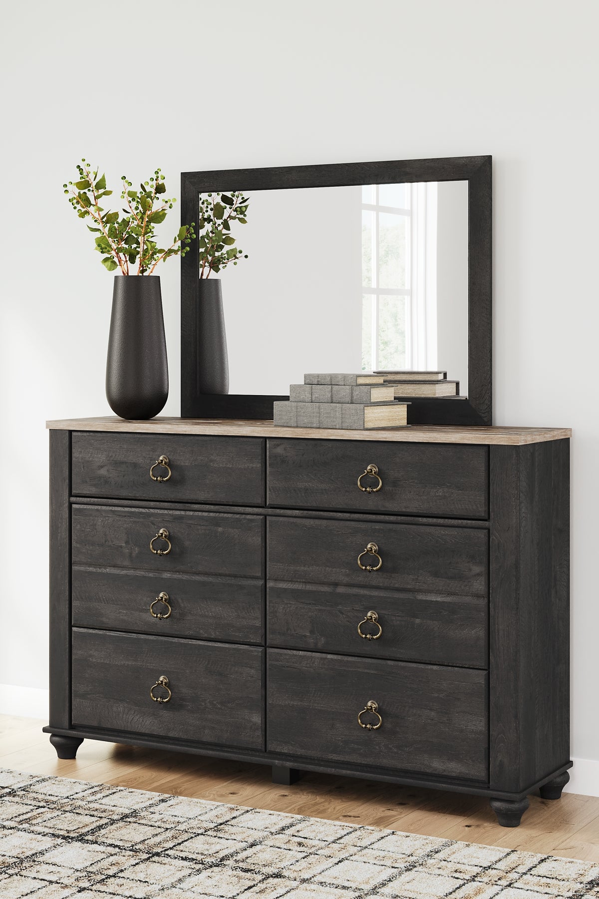 Nanforth Queen Panel Bed with Mirrored Dresser, Chest and Nightstand