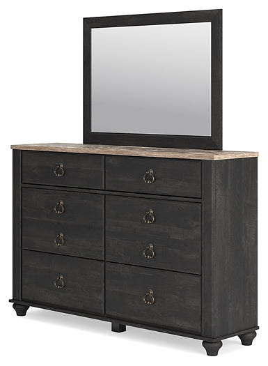 Nanforth Queen Panel Headboard with Mirrored Dresser and Nightstand