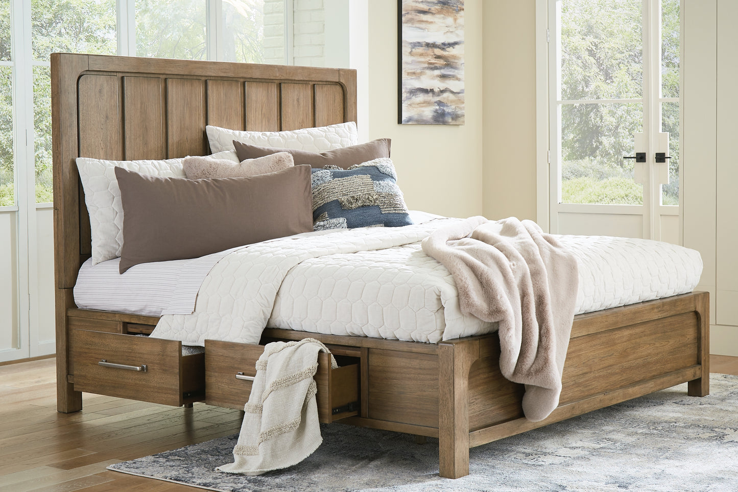 Cabalynn California King Panel Bed with Storage with Mirrored Dresser, Chest and Nightstand