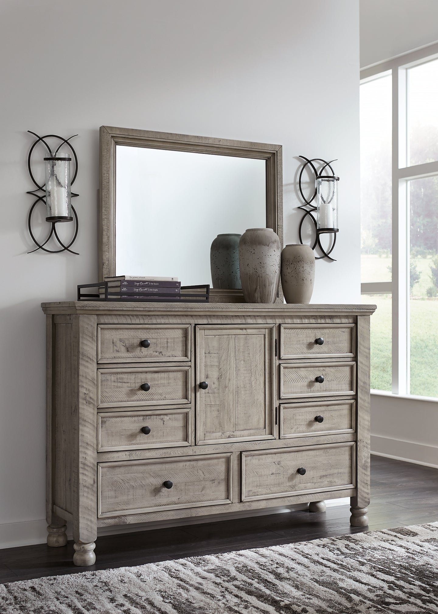 Harrastone King Panel Bed with Mirrored Dresser, Chest and Nightstand